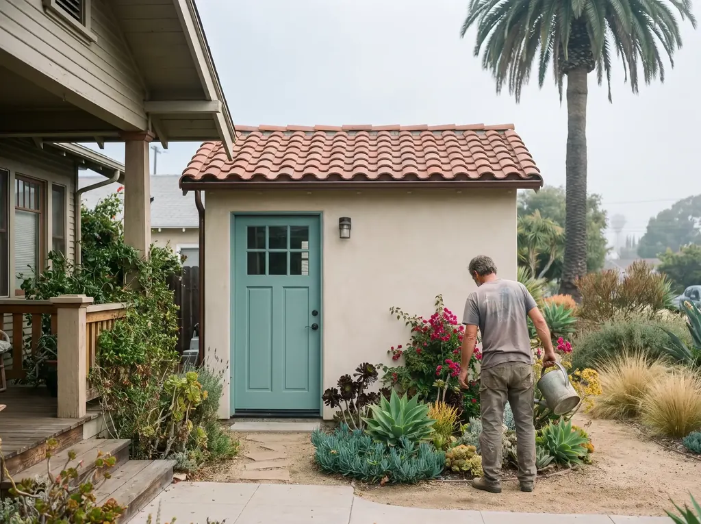 Stucco ADU with a clay tile roof in a San Diego backyard