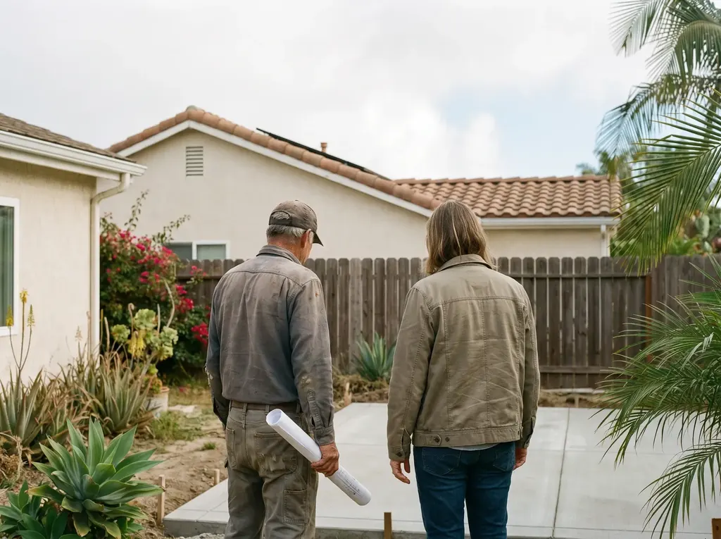 Builder and homeowner beside a San Diego ADU foundation