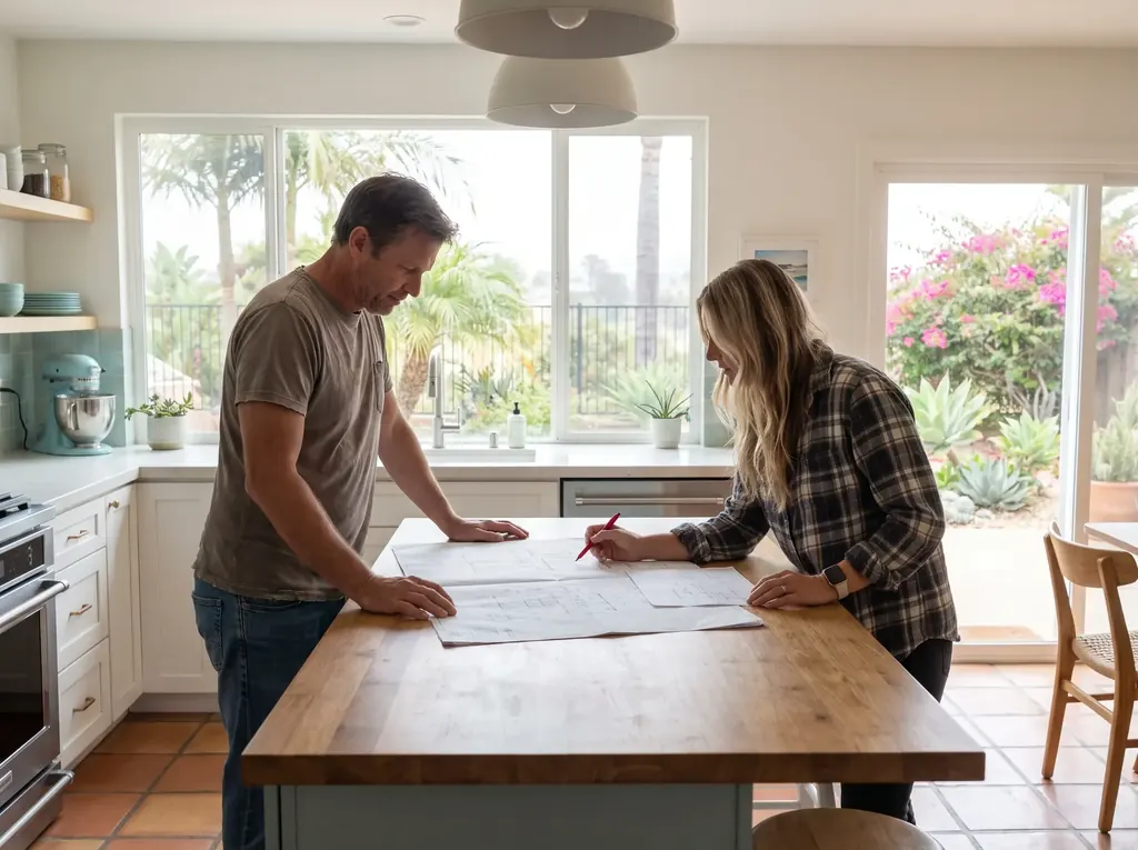 Homeowner and designer reviewing ADU permit drawings