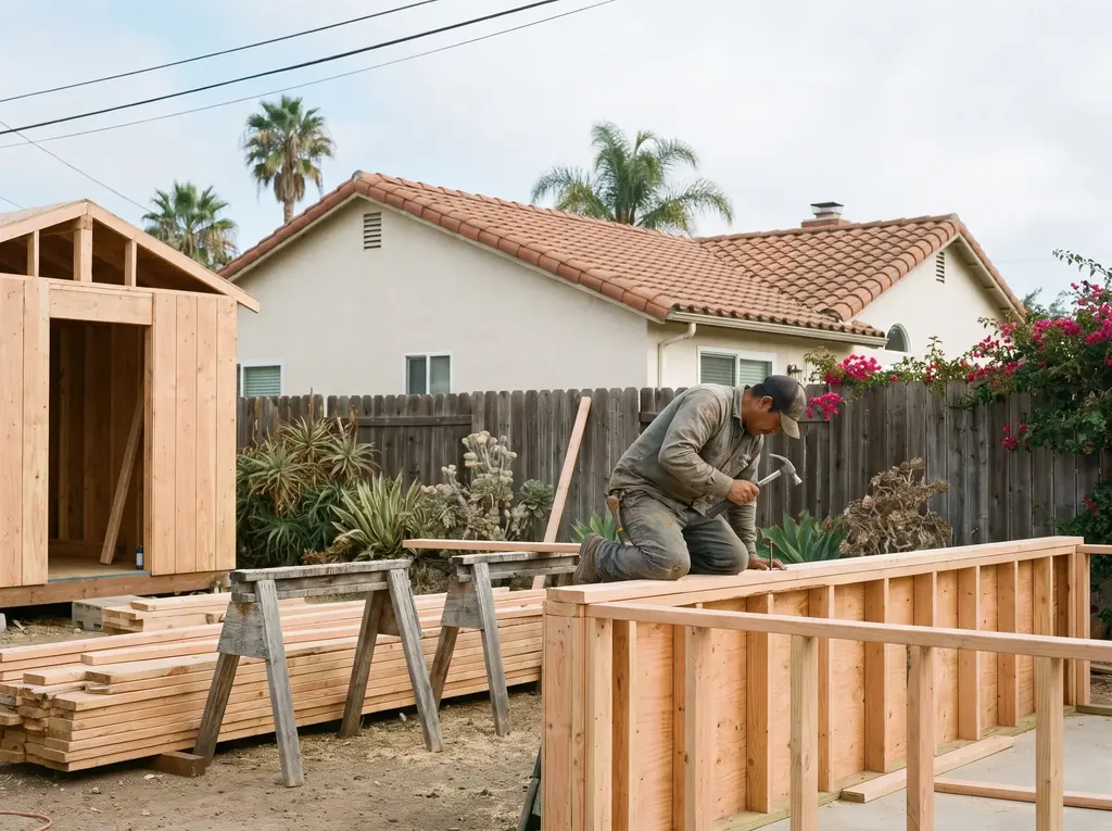 ADU framing going up behind a San Diego house
