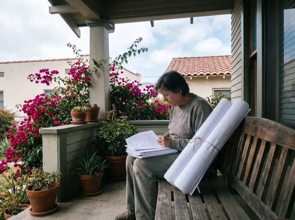San Diego homeowner reading ADU program paperwork on a porch